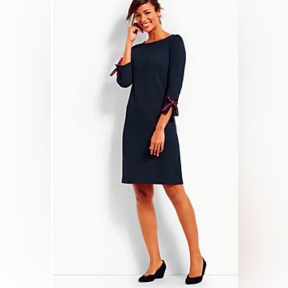 Talbots Long Sleeve Navy Blue Dress with Red Bow Accents